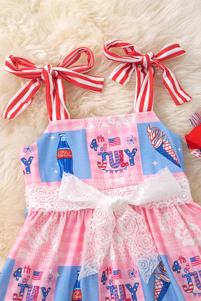 "4TH of July" Girls pink patriotic dress with ruffle hem.