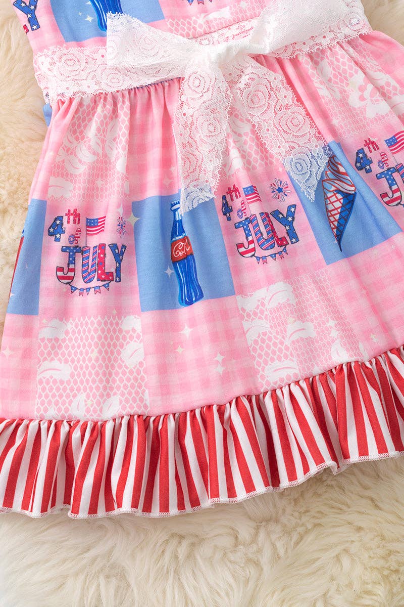 "4TH of July" Girls pink patriotic dress with ruffle hem.