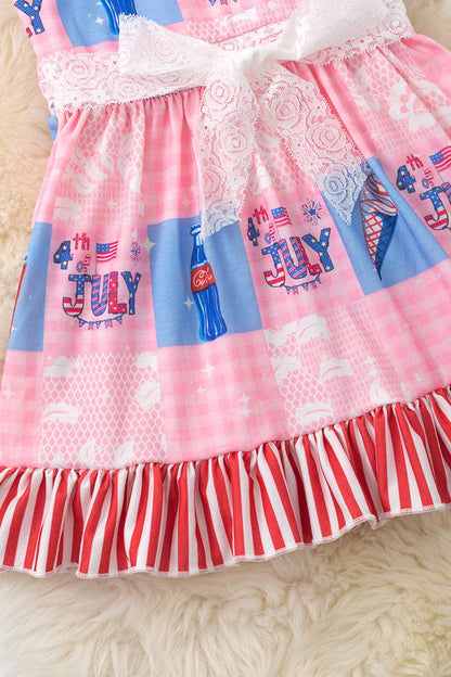 "4TH of July" Girls pink patriotic dress with ruffle hem.