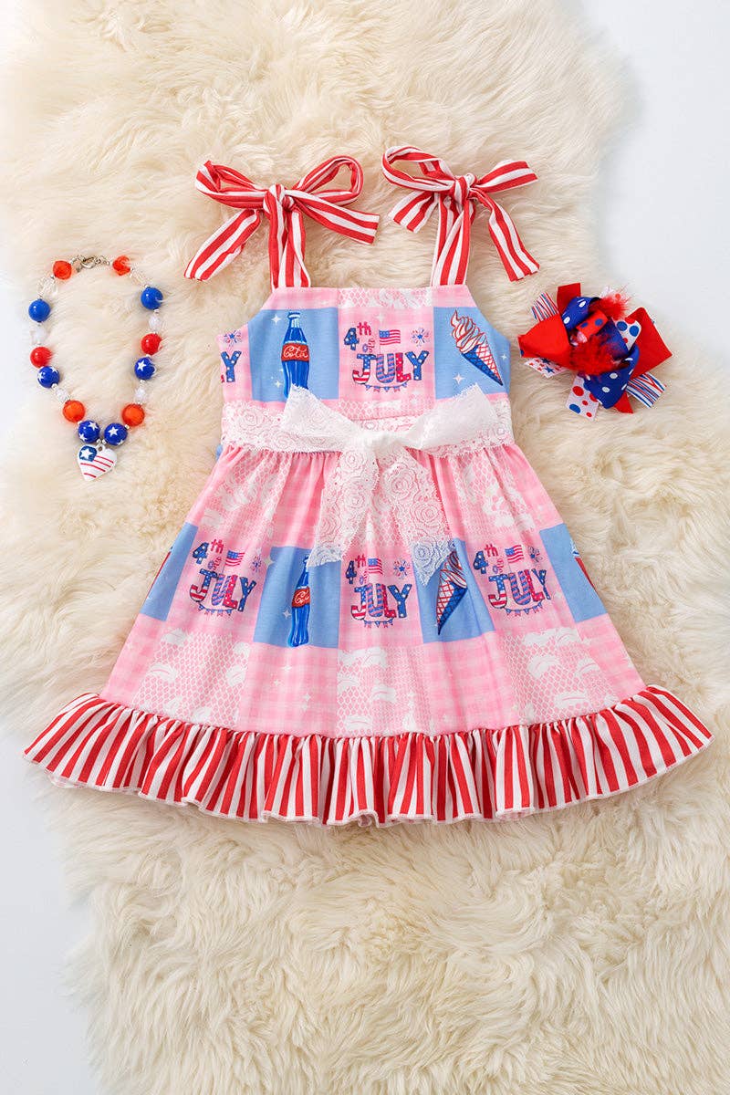"4TH of July" Girls pink patriotic dress with ruffle hem.