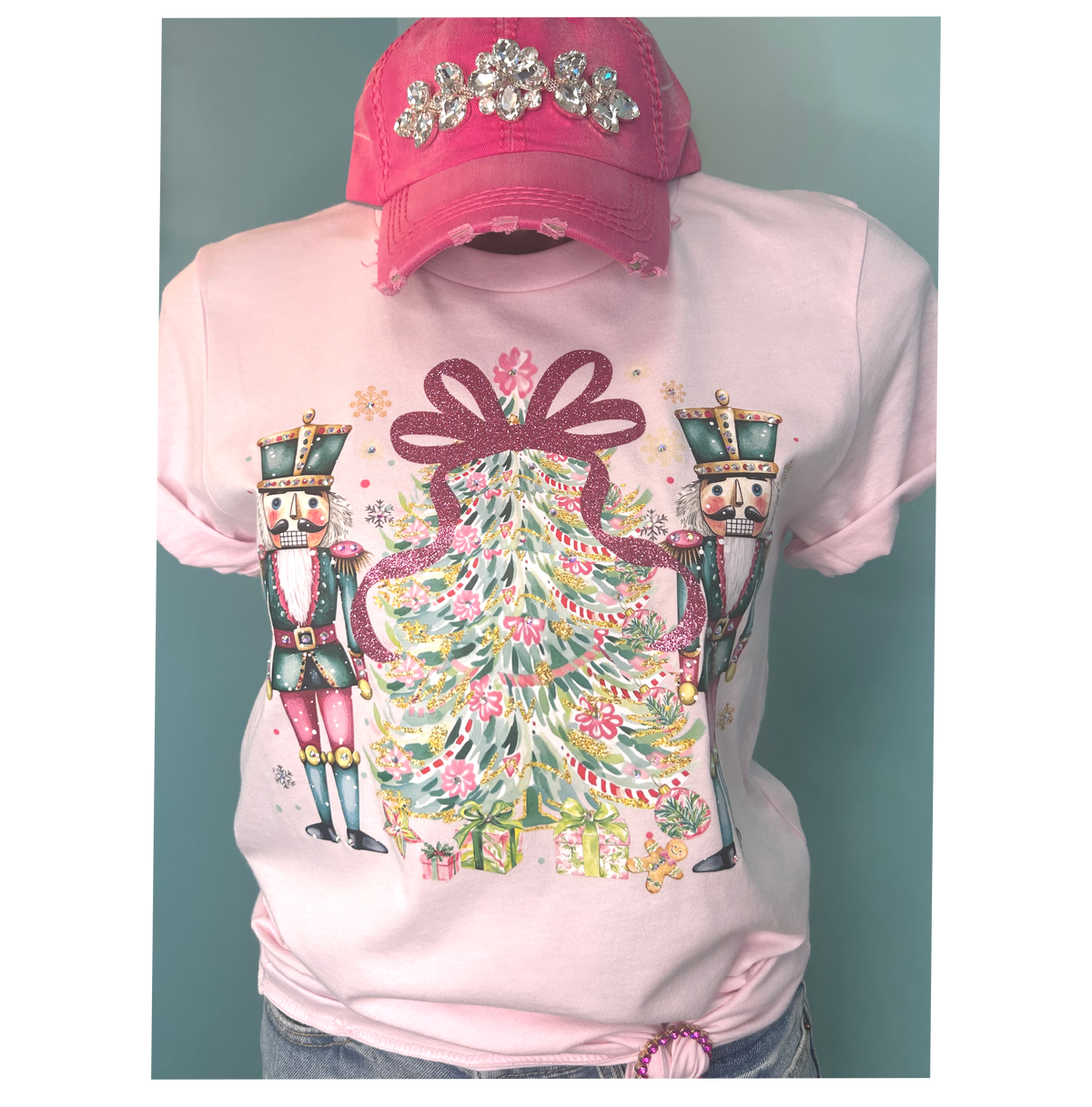 Nutcracker & Christmas Tree w/Bow Rhinestone Tee