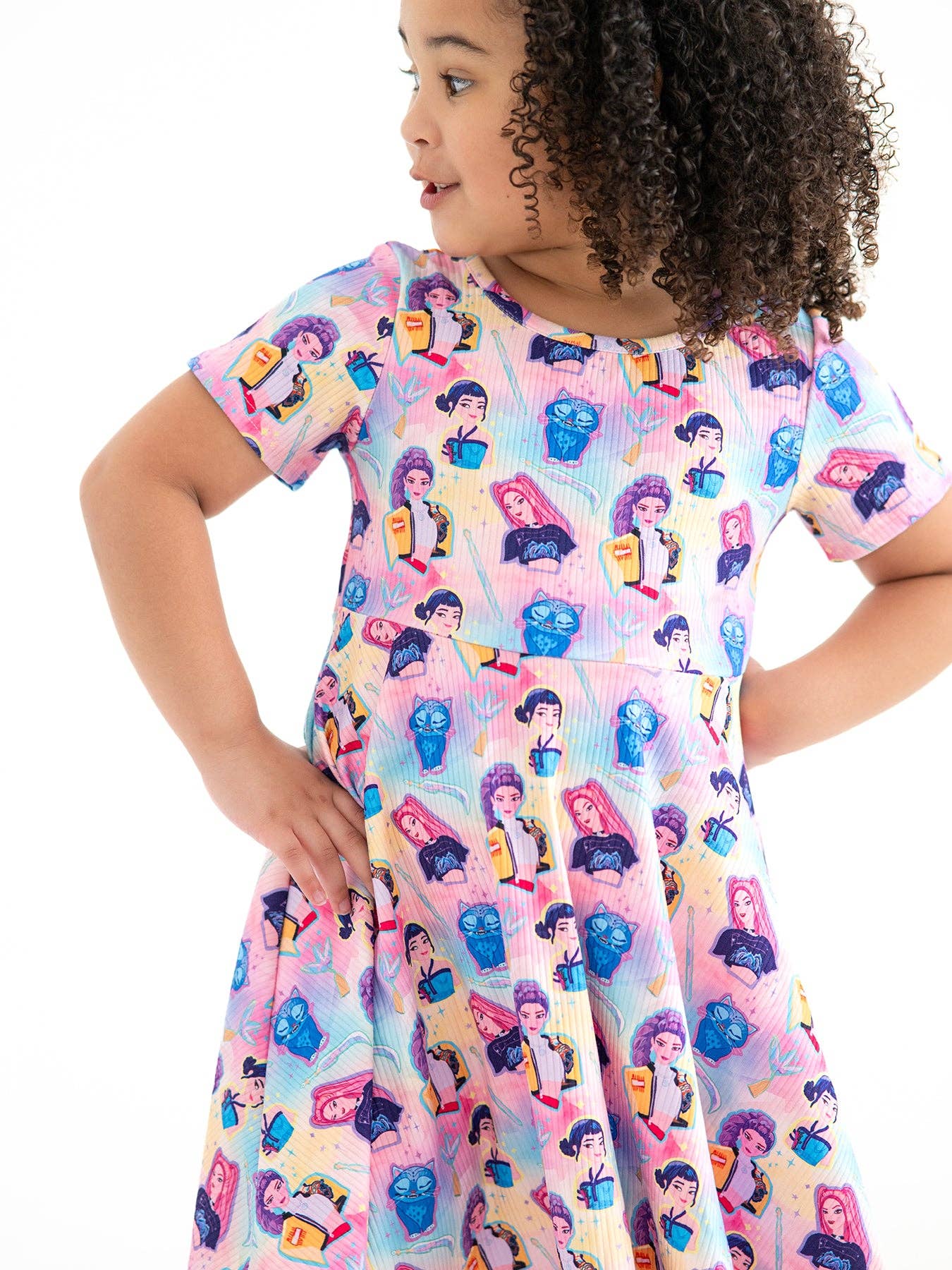 Summer Pop Star Print Girl Twirly Colorful Dress Cotton Blend