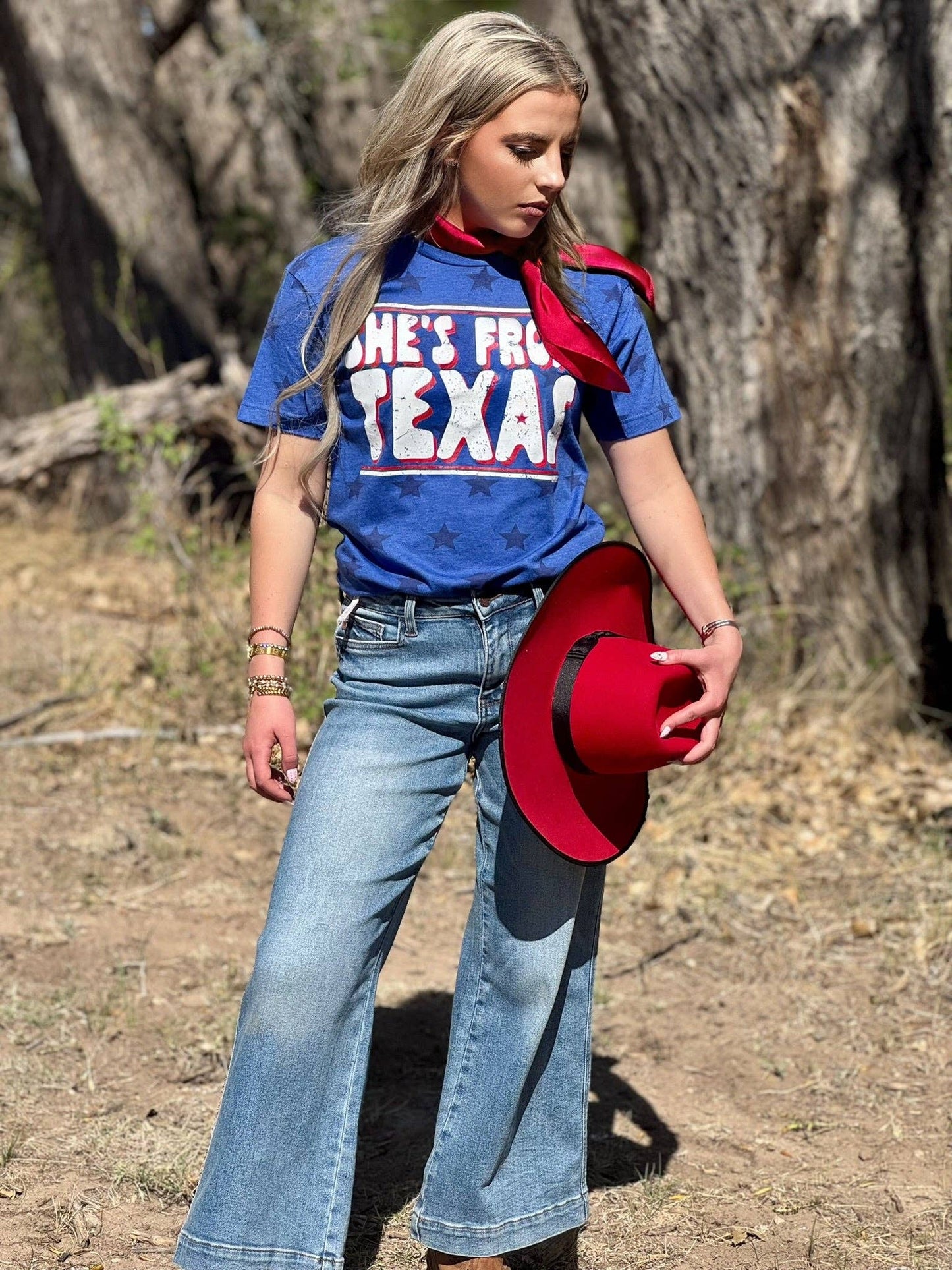 She's From Texas Tee with Red Ink: Royal Blue Stars