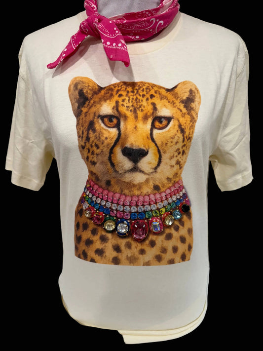 Jeweled Collar Leopard on Natural Crew: Yes All Blinged Out
