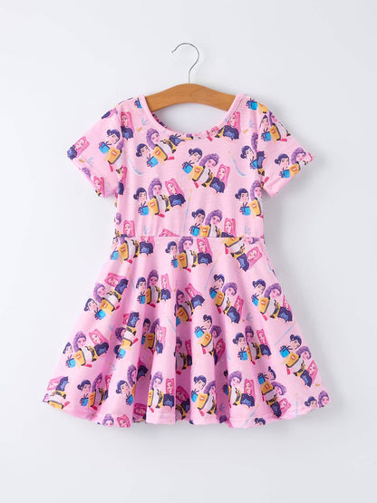 Pink Print Short Sleeve Girls Twirly Dress