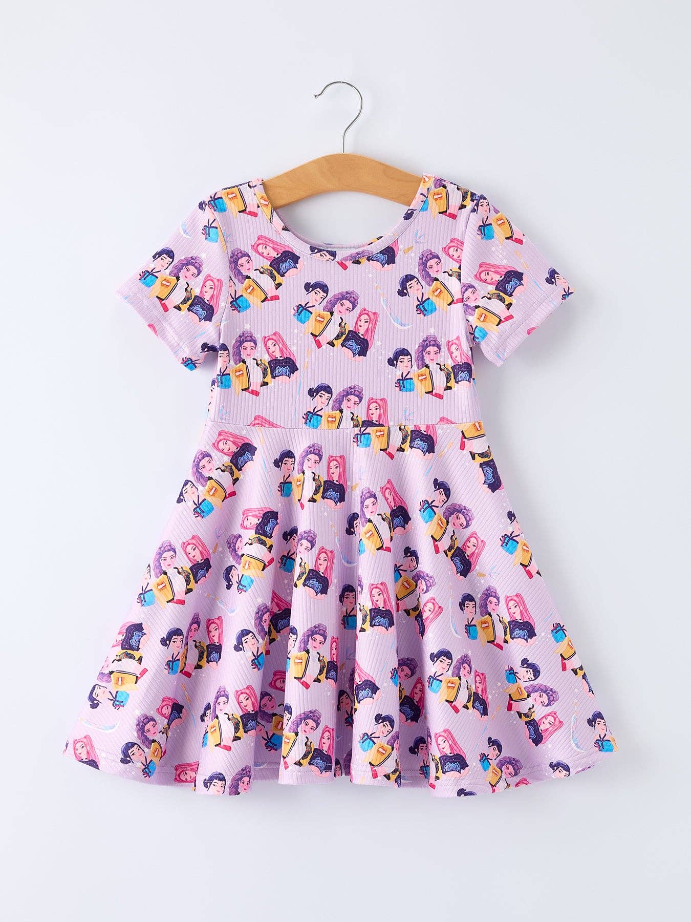 Girls Purple Print Short Sleeve Twirl Dress
