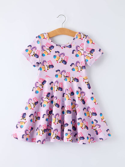 Girls Purple Print Short Sleeve Twirl Dress