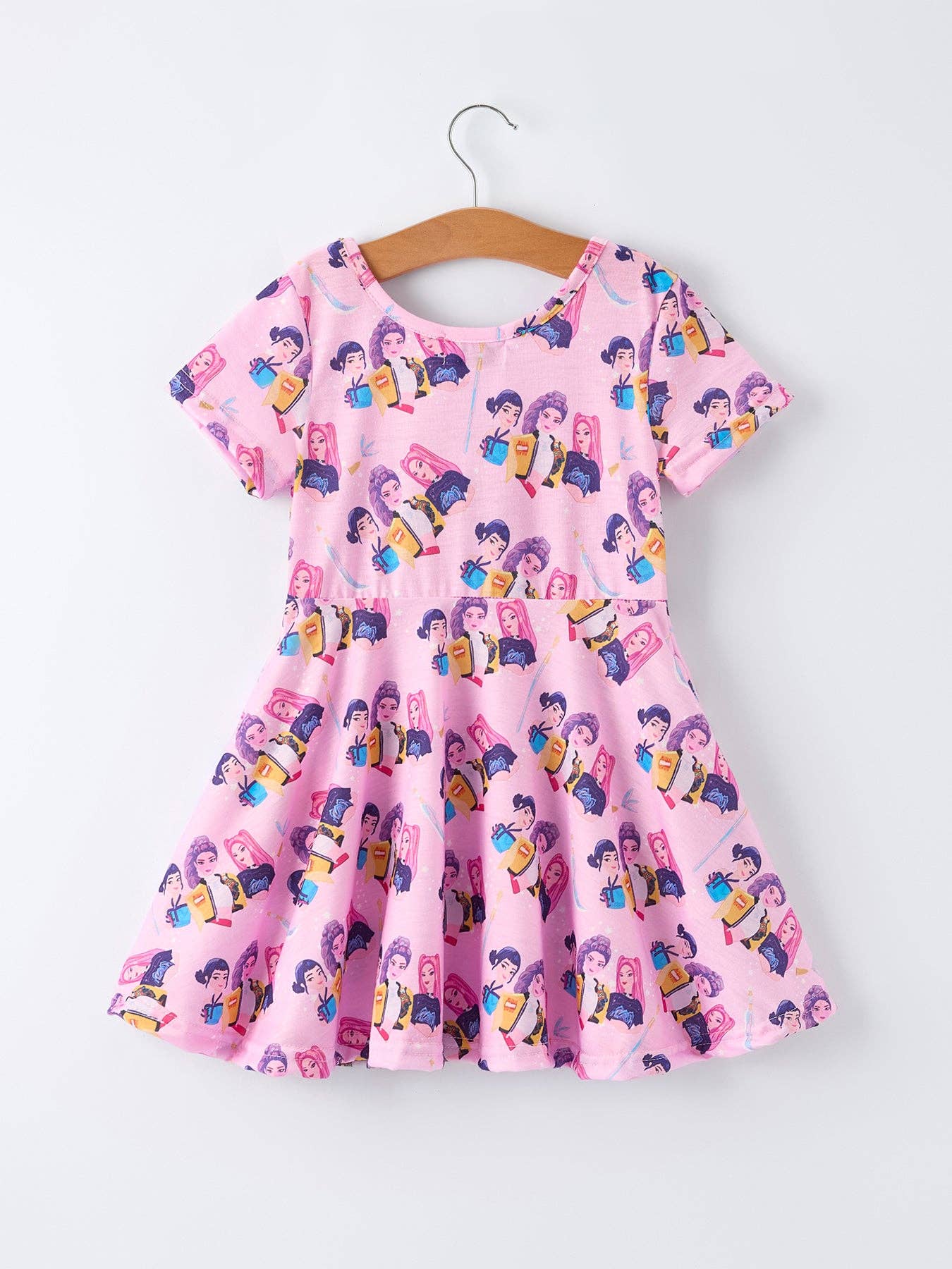 Pink Print Short Sleeve Girls Twirly Dress