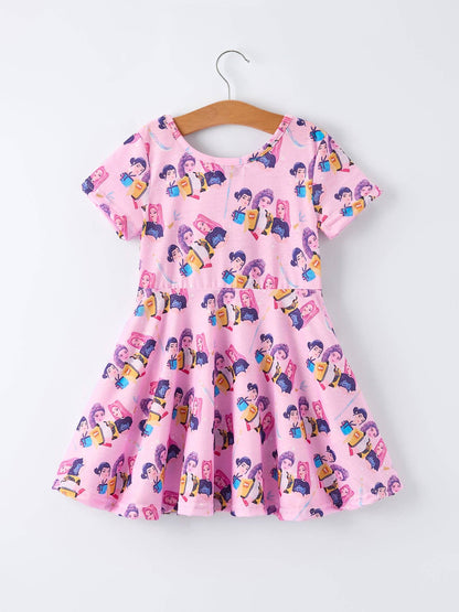 Pink Print Short Sleeve Girls Twirly Dress