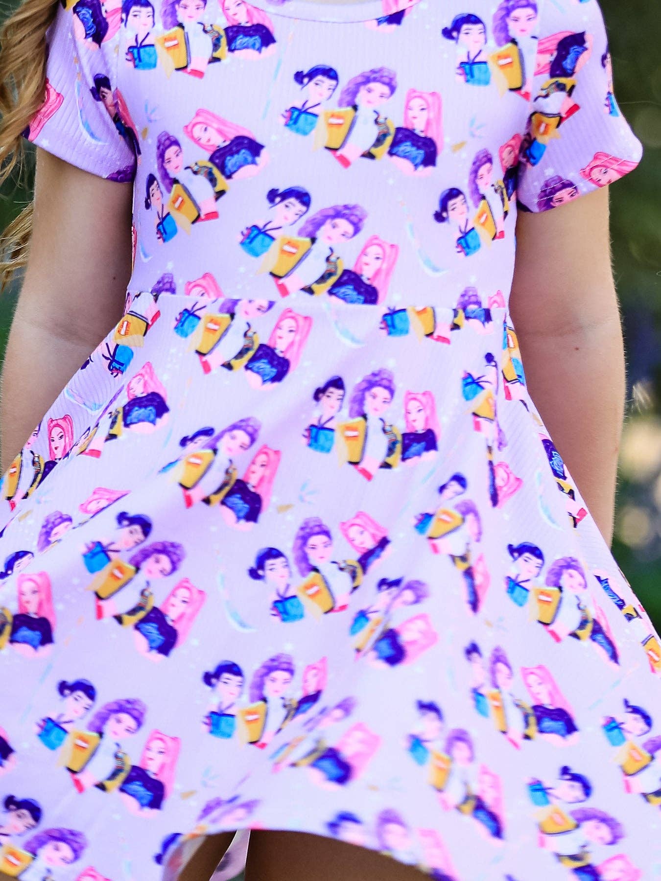 Girls Purple Print Short Sleeve Twirl Dress
