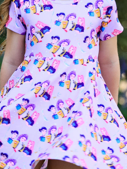 Girls Purple Print Short Sleeve Twirl Dress