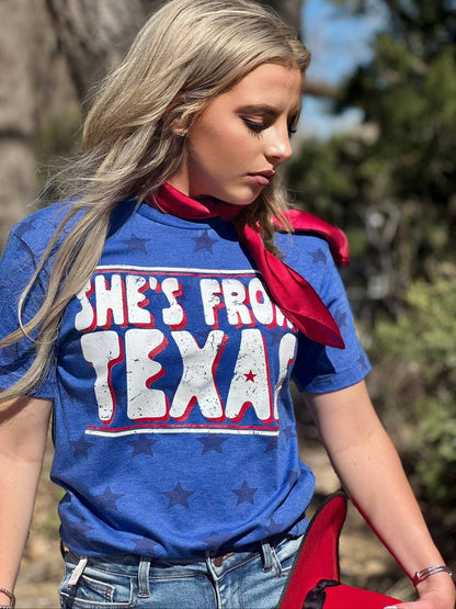 She's From Texas Tee with Red Ink: Royal Blue Stars