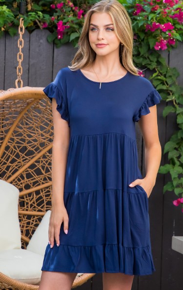 Navy Tiered Solid Dress