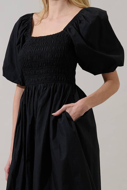 Sonia Bubble Sleeve Smocked Midi Dress: Black