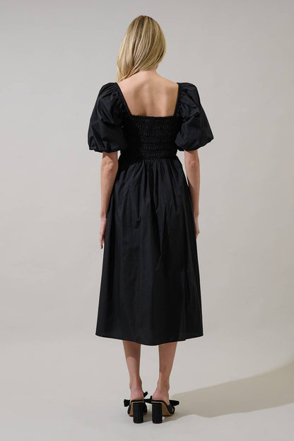 Sonia Bubble Sleeve Smocked Midi Dress: Black