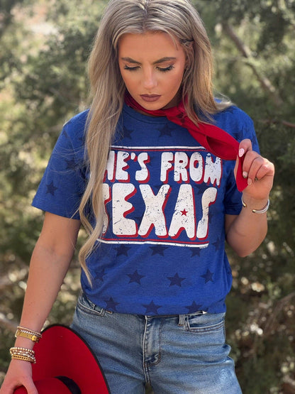 She's From Texas Tee with Red Ink: Royal Blue Stars