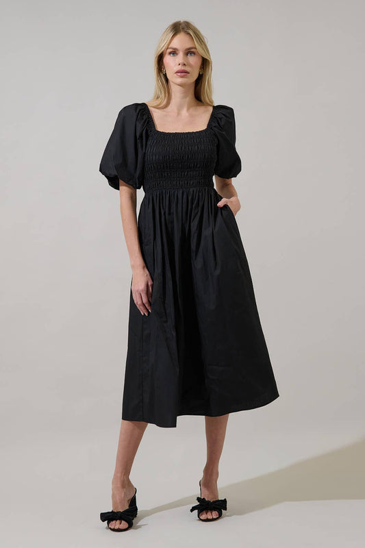 Sonia Bubble Sleeve Smocked Midi Dress: Black