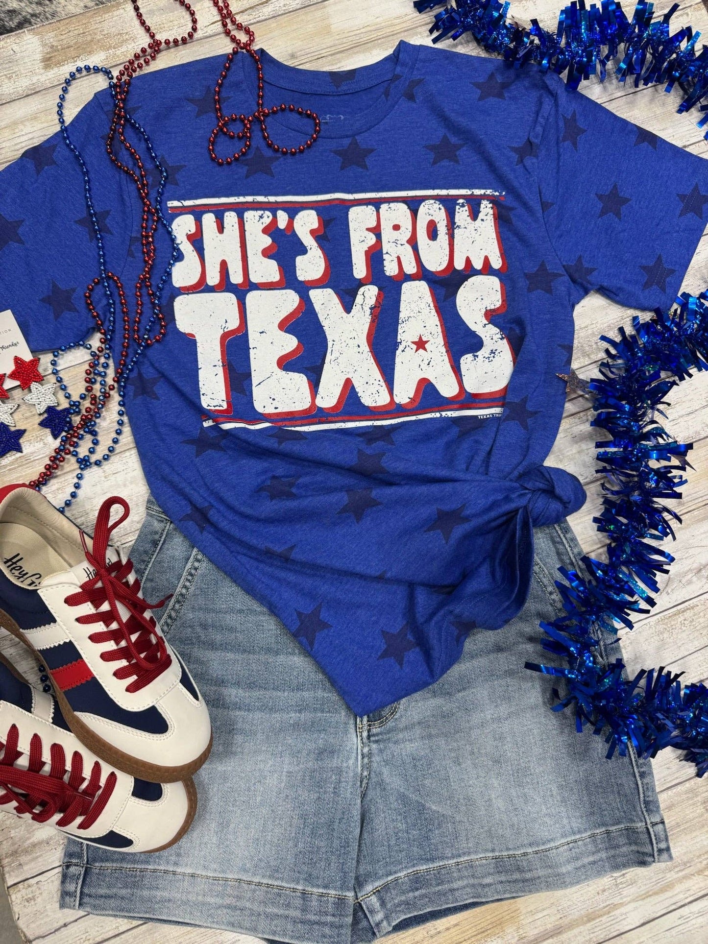 She's From Texas Tee with Red Ink: Royal Blue Stars