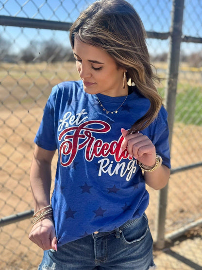 Let Freedom Ring with Red Metallic Puff Tee: Royal Blue Stars