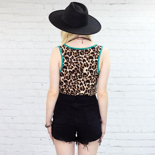 Leopard Tank Top with Pocket- Turquoise