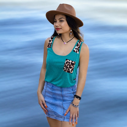 Leopard Tank Top with Pocket- Turquoise